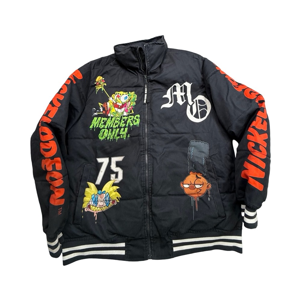 Members Only Nickelodeon Puffer Jacket Mens M Black Graphic Polyester Streetwear